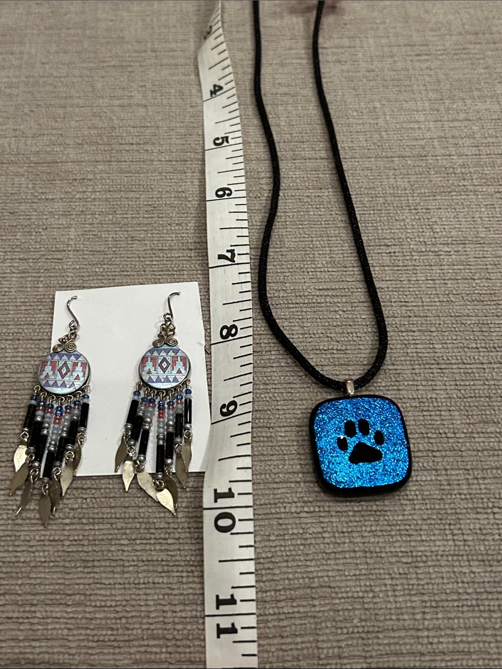 Blue Paw Print Dichroic Glass Pendant Necklace & tribal earrings -  Jewelry set image 5